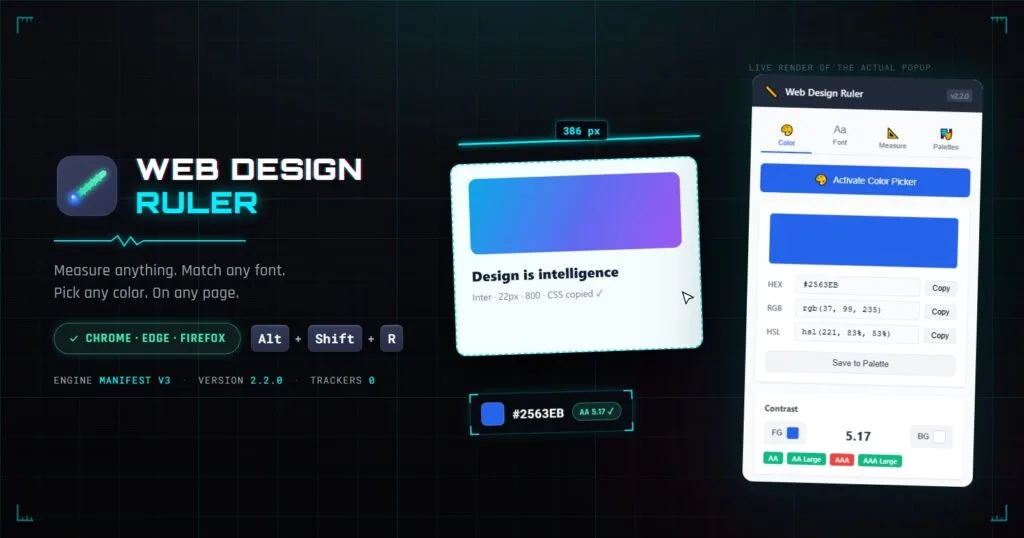 Web Design Ruler browser extension: the popup with a live color picker and WCAG contrast checker, a measured page element, and the wordmark
