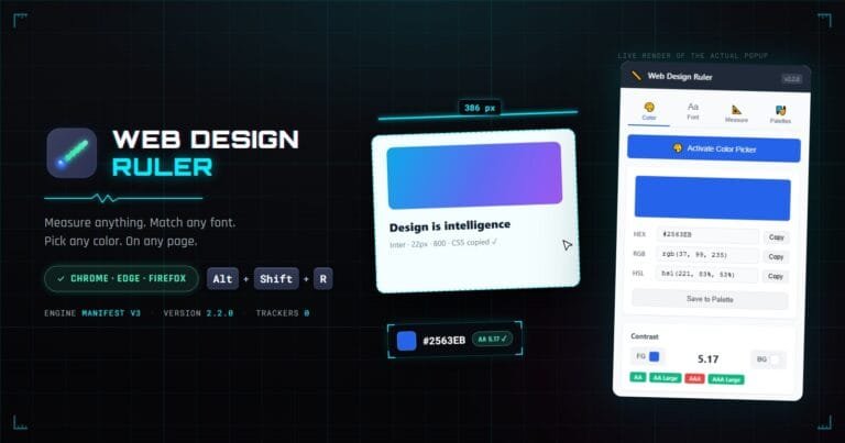 Web Design Ruler browser extension: the popup with a live color picker and WCAG contrast checker, a measured page element, and the wordmark