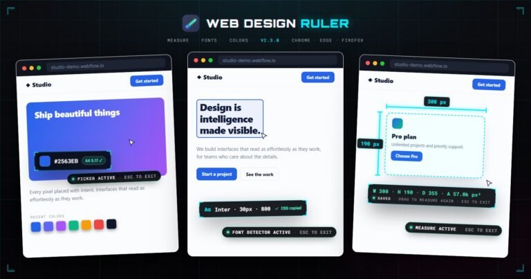 Web Design Ruler's three tools side by side: the color picker with a contrast badge, the font detector identifying a headline, and the measurement tool drawn around a card