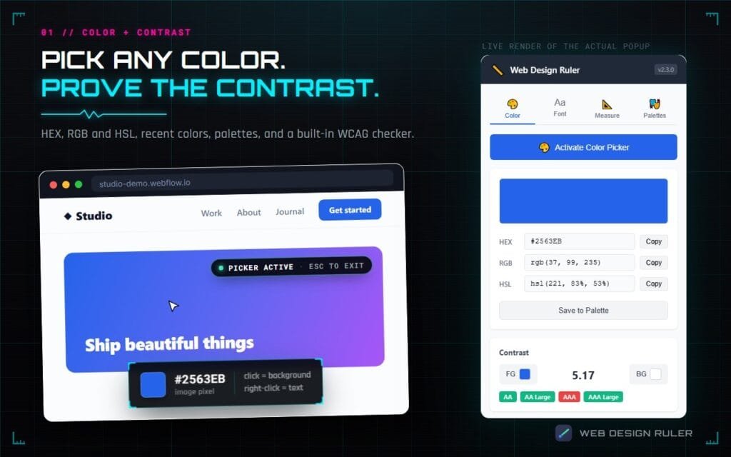 Web Design Ruler color picker: a blue sampled from a page hero, with the popup showing HEX, RGB, HSL and a 5.17 contrast ratio