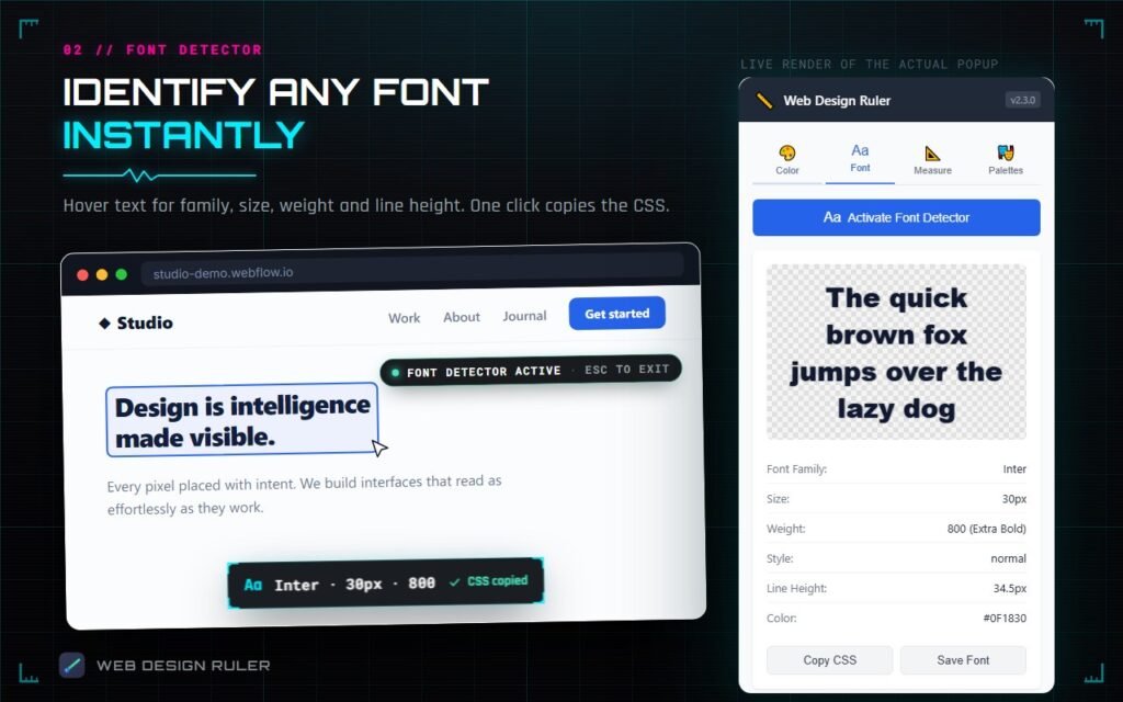 Web Design Ruler font detector: a headline identified as Inter 30px 800, with the popup listing family, size, weight, style, line height and color