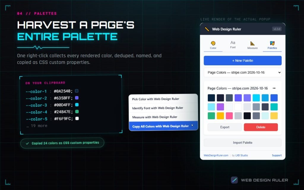 Web Design Ruler palettes: the right-click menu, a clipboard with CSS custom properties, and a harvested 24-color palette in the popup
