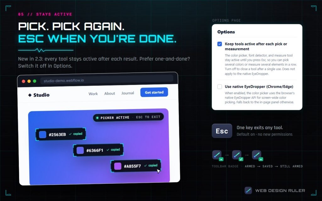 Web Design Ruler sticky tools: three colors picked in a row, the Options page with Keep tools active checked, and the Esc key