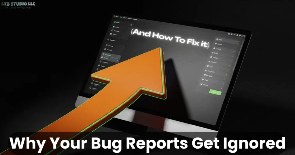 3D orange arrow pointing at computer screen showing bug report interface with text "And How To Fix It" - visual communication concept for developers