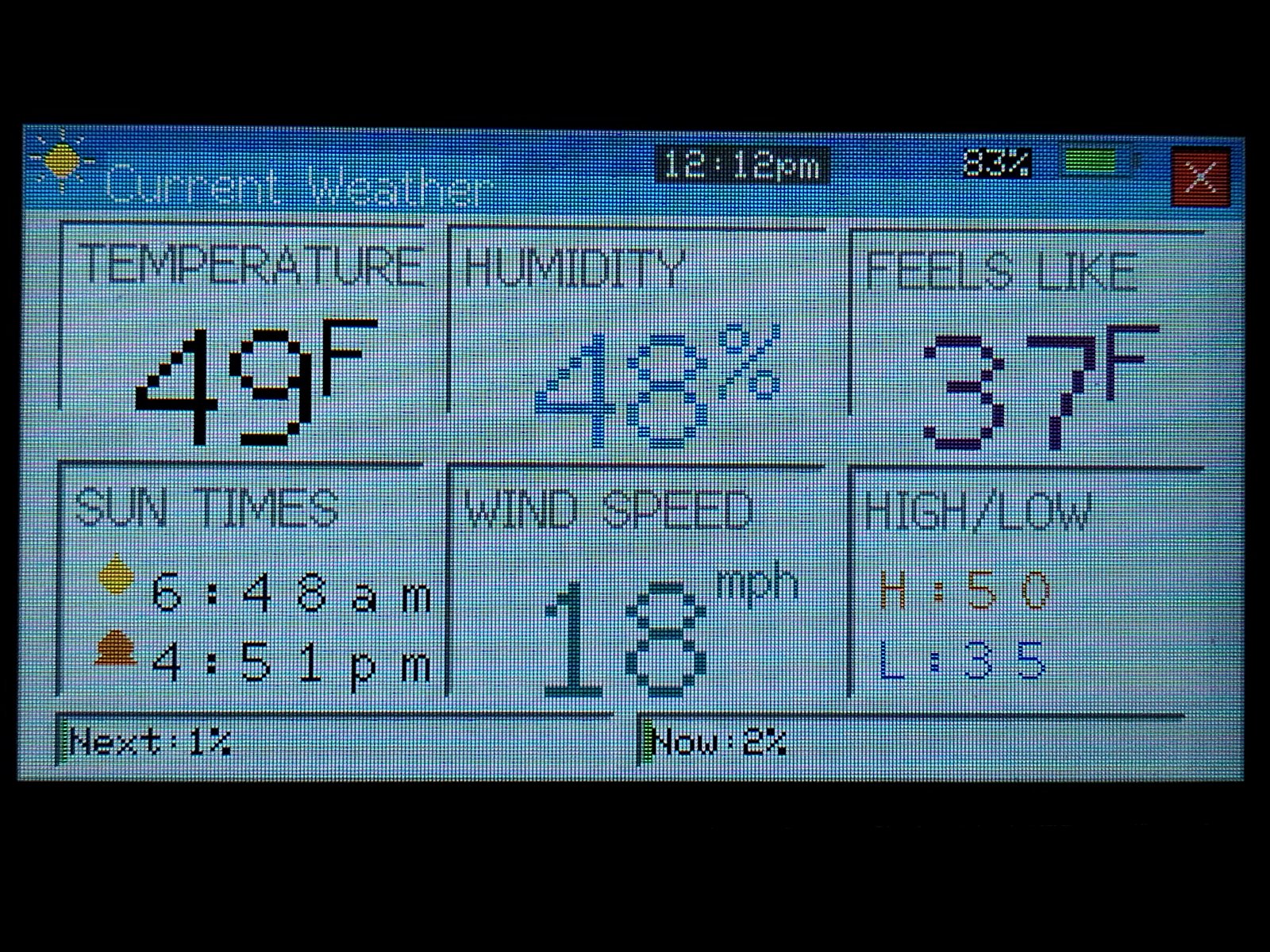 Current weather details showing 49°F temperature, feels like 37°F, 40% humidity, 18mph wind, sunrise/sunset times