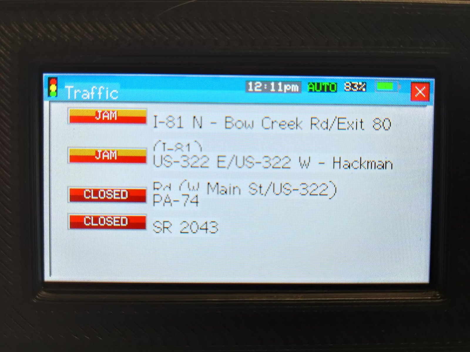 Live traffic screen displaying JAM and CLOSED incidents on I-81 N, US-322, PA-74, and SR 2043 within 30-mile radius